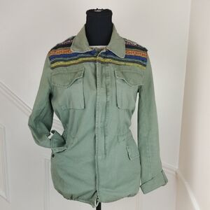 Vintage Green Military Jacket W/ Multicolor Accents Size‎ Small Adjustable Waist